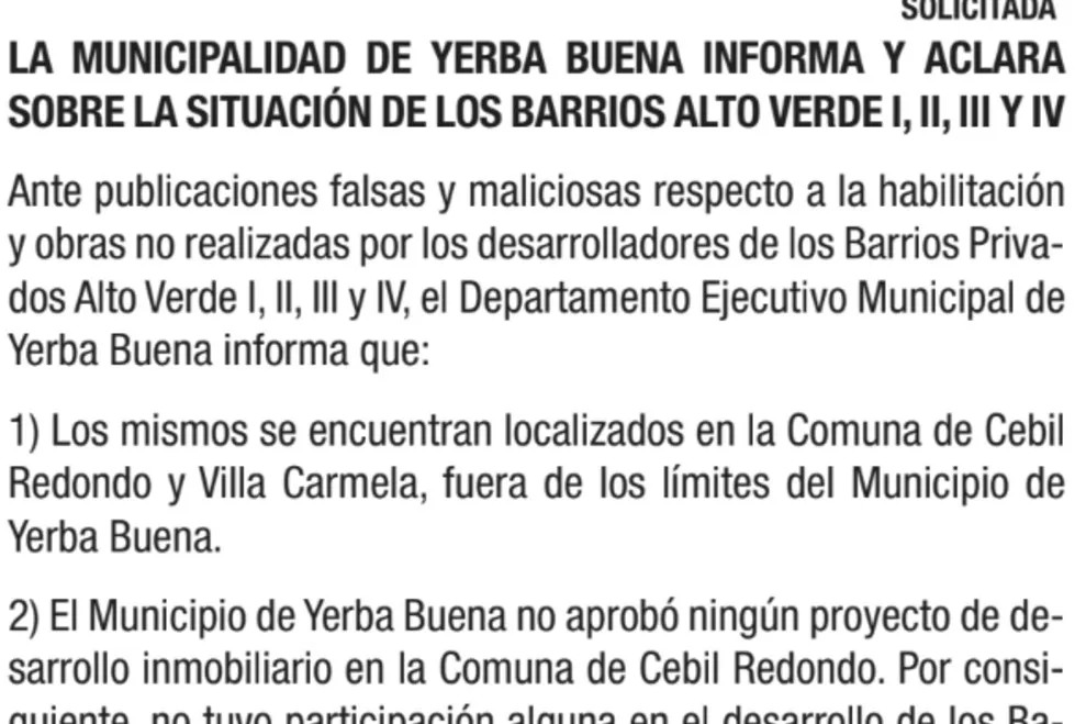 Solicitada: La Municipalidad de Yerba Buena informa y aclara sobre la situación de los barrios Alto Verde I, II, III y IV