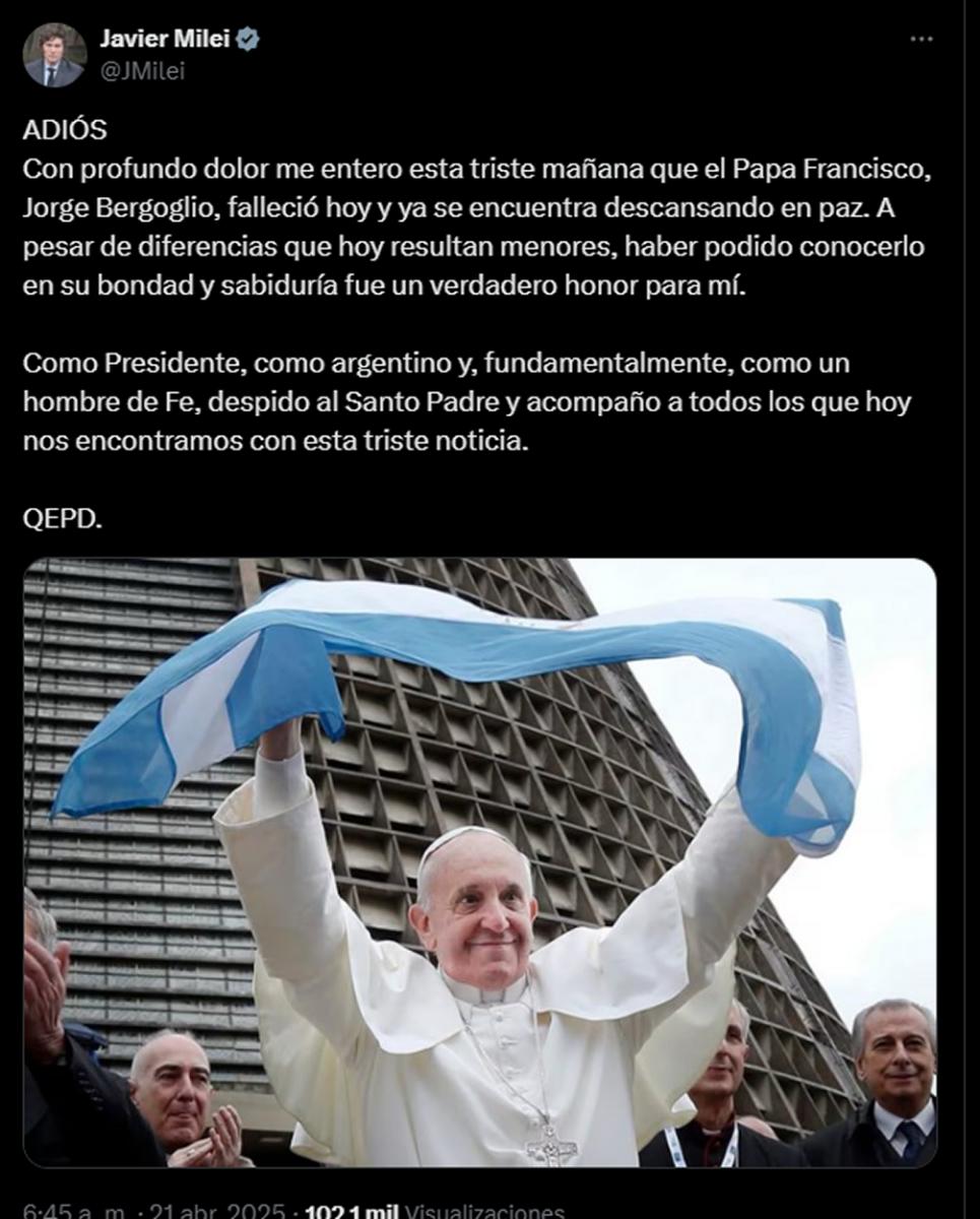 Javier Milei despidió al papa Francisco: “Profundo dolor”