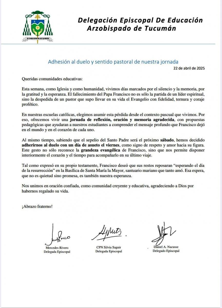 El viernes no habrá clases en los colegios católicos de Tucumán por la muerte del papa Francisco