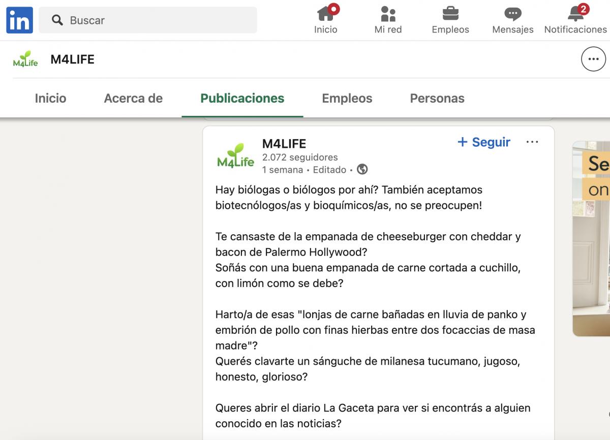 UN FRAGMENTO DEL AVISO. La búsqueda de M4Life en LinkedIn. / CAPTURA DE PANTALLA