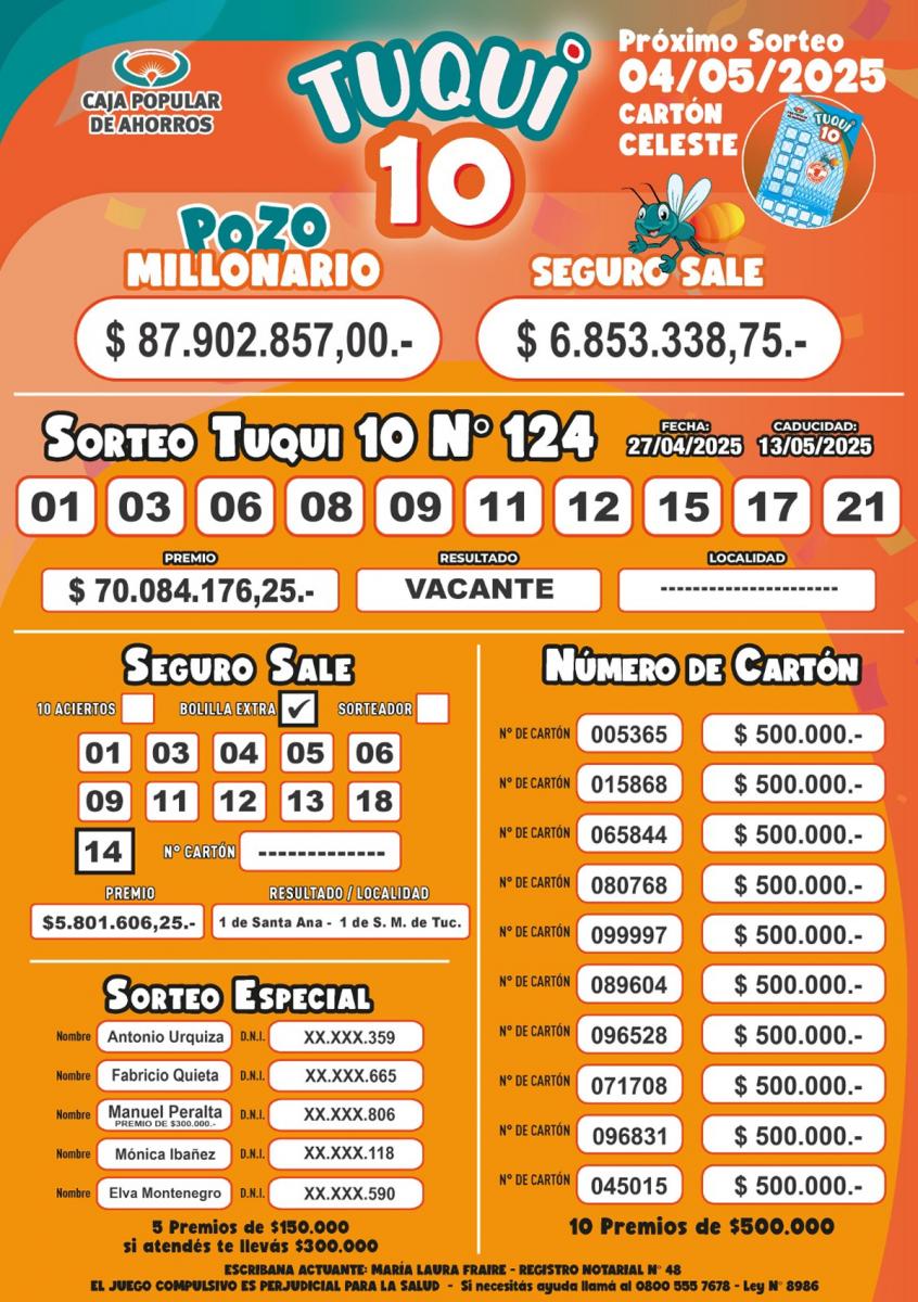 Tuqui 10: cómo salió el sorteo del domingo 27 de abril