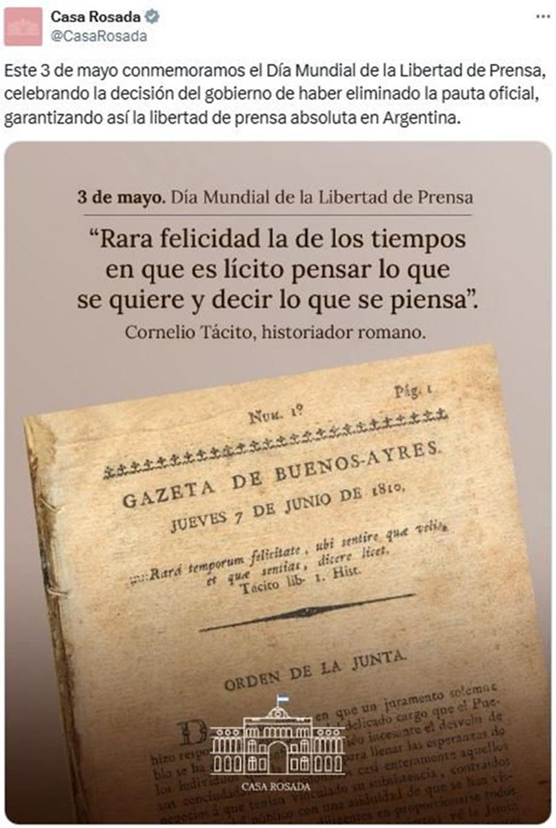 El mensaje del Gobierno en el Día Mundial de la Libertad de Prensa: Eliminamos la pauta oficial