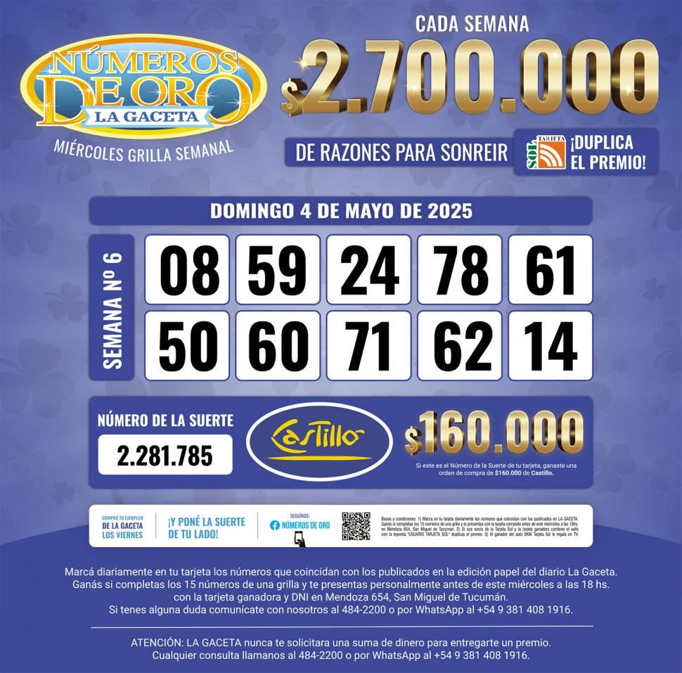 Los Números de Oro de LA GACETA del domingo 4 de mayo de 2025