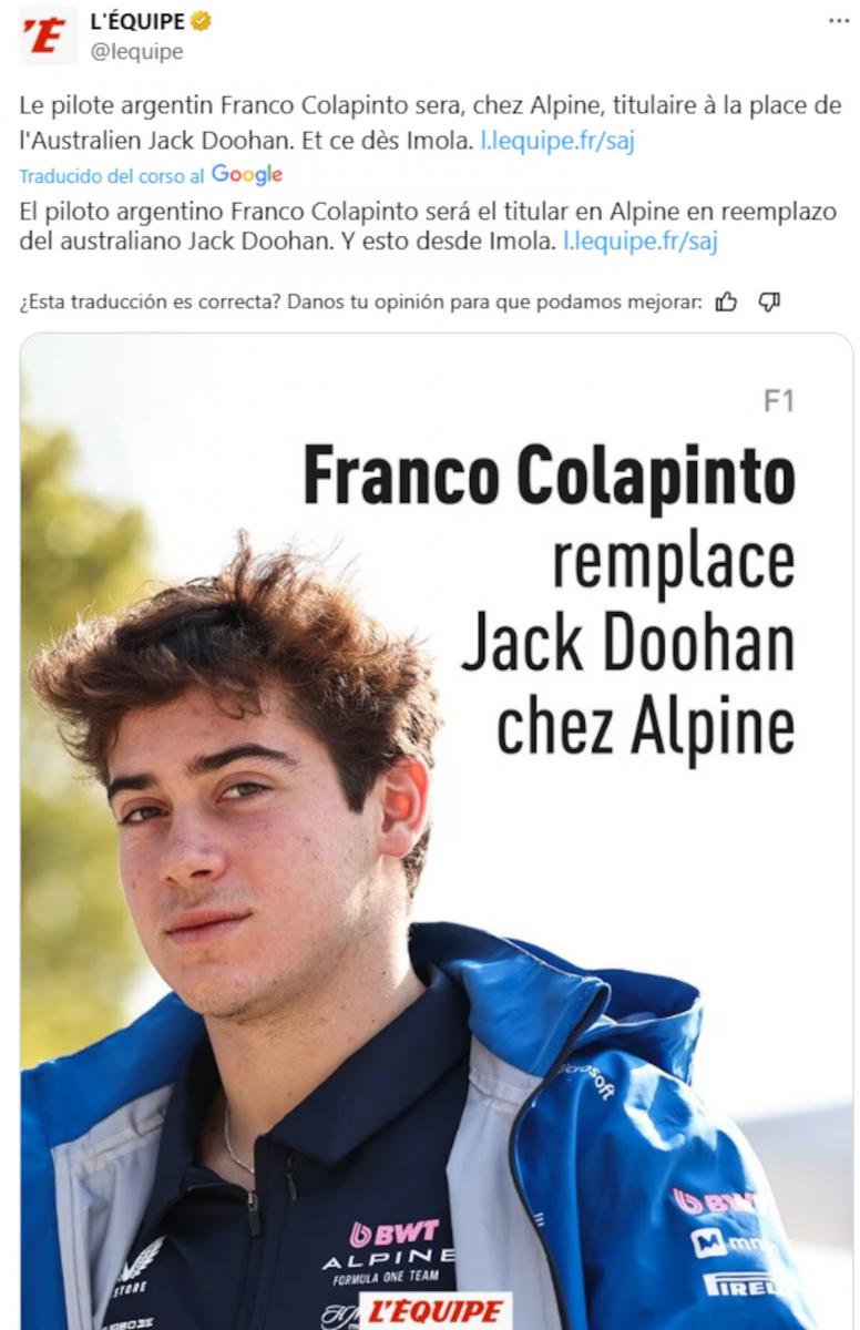Un diario francés asegura que Franco Colapinto reemplazará a Jack Doohan en Alpine en Imola