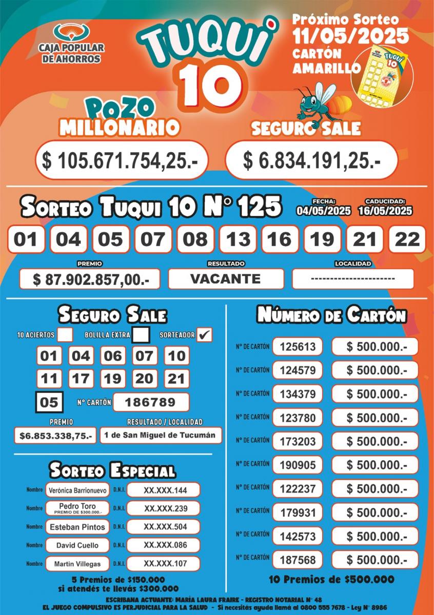 Tuqui 10: cómo salió el sorteo del domingo 4 de mayo