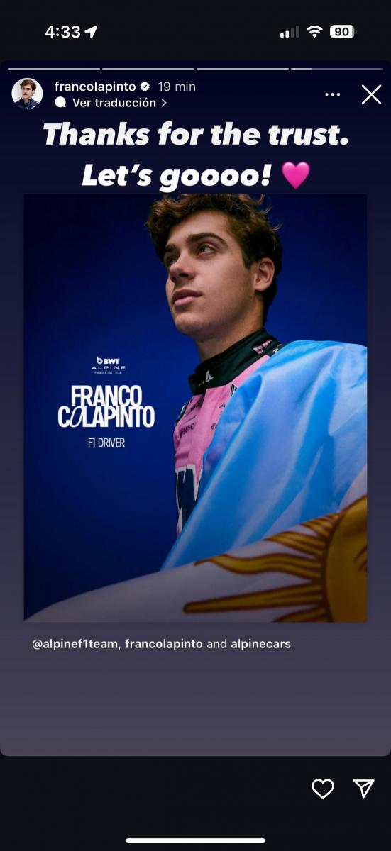 La reacción de Franco Colapinto tras el anuncio de su regreso a la Fórmula 1