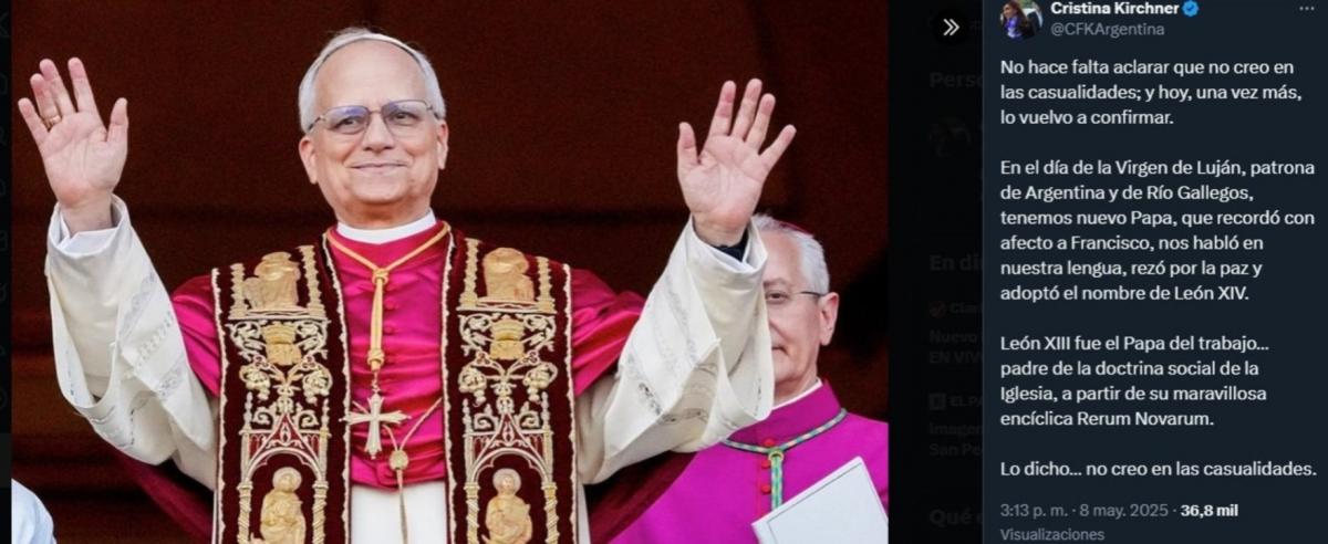 Cristina Kirchner, sobre León XIV: Recordó con afecto a Francisco, nos habló en nuestra lengua, rezó por la paz