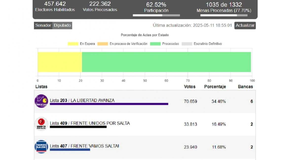 Salta: Con el 77% de mesas escrutadas, La Libertad Avanza es la clara ganadora en la categoría Diputados provinciales