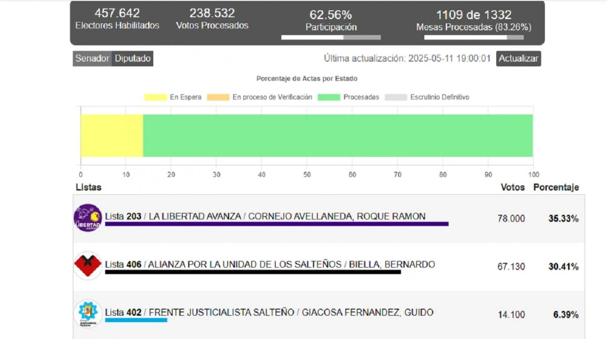 Salta: con el 89.26% de mesas escrutadas, La Libertad Avanza se impone en la Capital, en la categoría de Senador