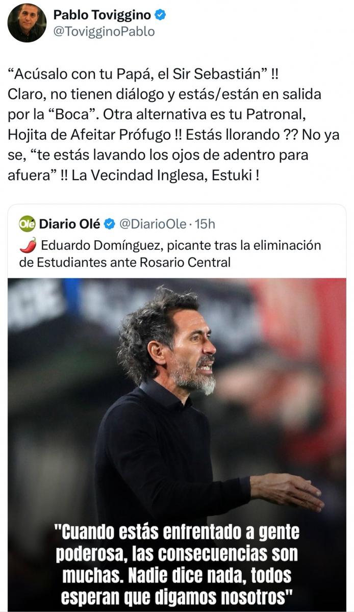 Pablo Toviggino fulminó a Eduardo Domínguez tras sus críticas a la AFA: ¡Acúsalo con tu papá!