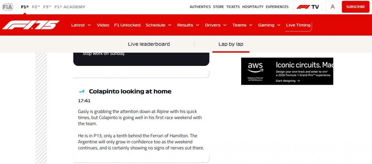 La cronología de la Fórmula 1 destaca el rendimiento del argentino en la tanda