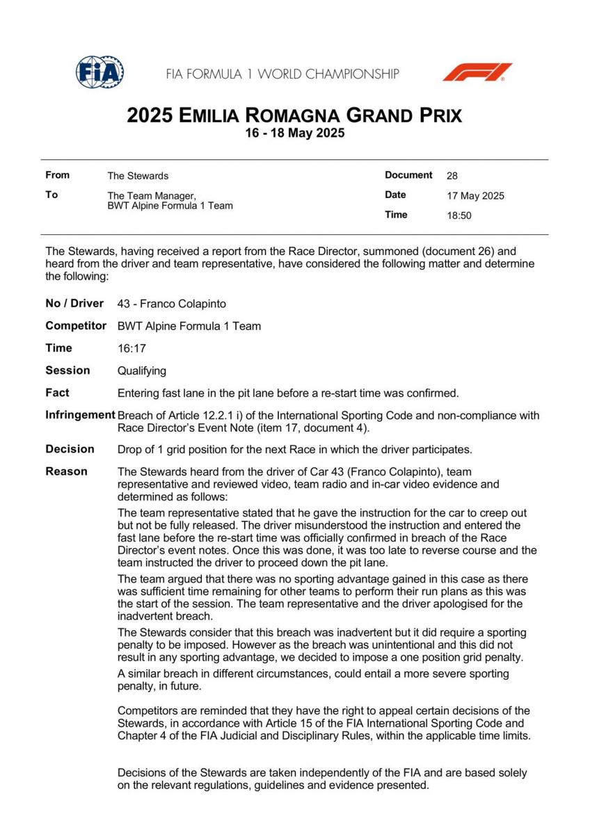 Fórmula 1: ¿Por qué Colapinto largará 16° en el Gran Premio de Imola?