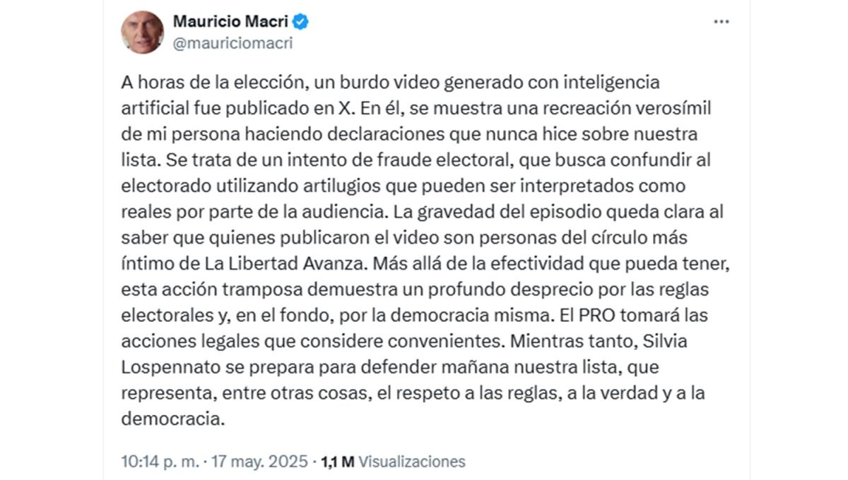 EL DESCARGO. Macri respondió desde su cuenta de X luego de que se viralizara el video falso. 