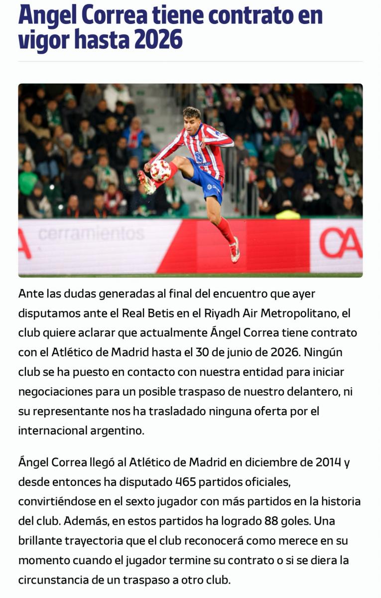 Atlético de Madrid le marcó la cancha a Correa: “tiene contrato hasta 2026”