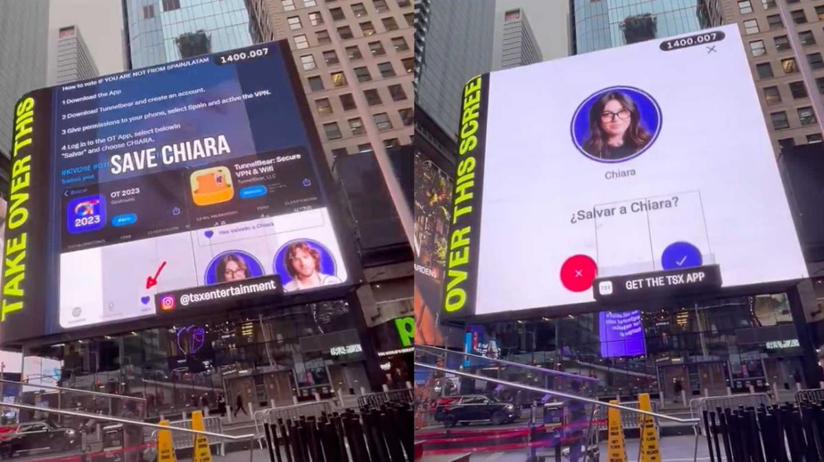 MOVIDA DE FANS. Los seguidores de OT23 se movilizan para poner un anuncio en Times Square para salvar a Chiara. / OPERACIÓN TRIUNFO