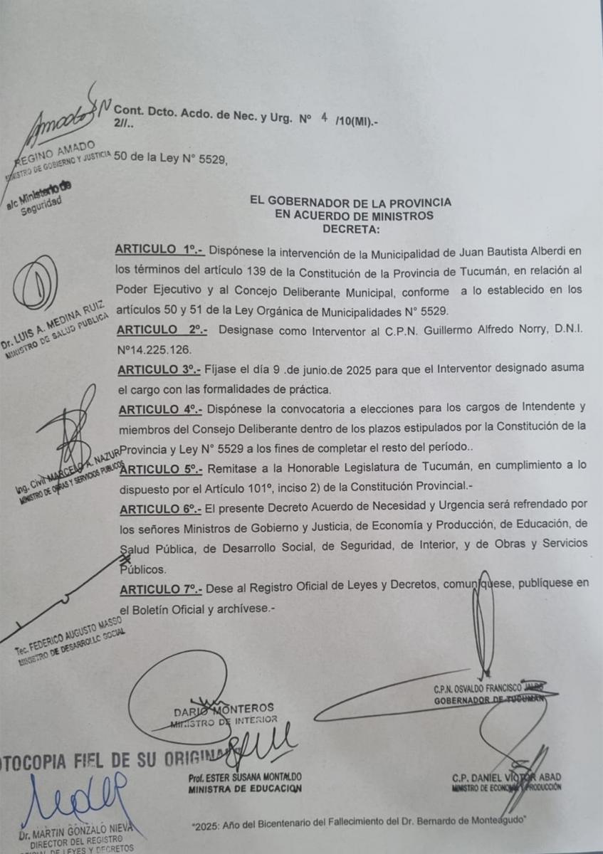 En el decreto, Jaldo justifica la intervención de Alberdi por el avance del narcotráfico