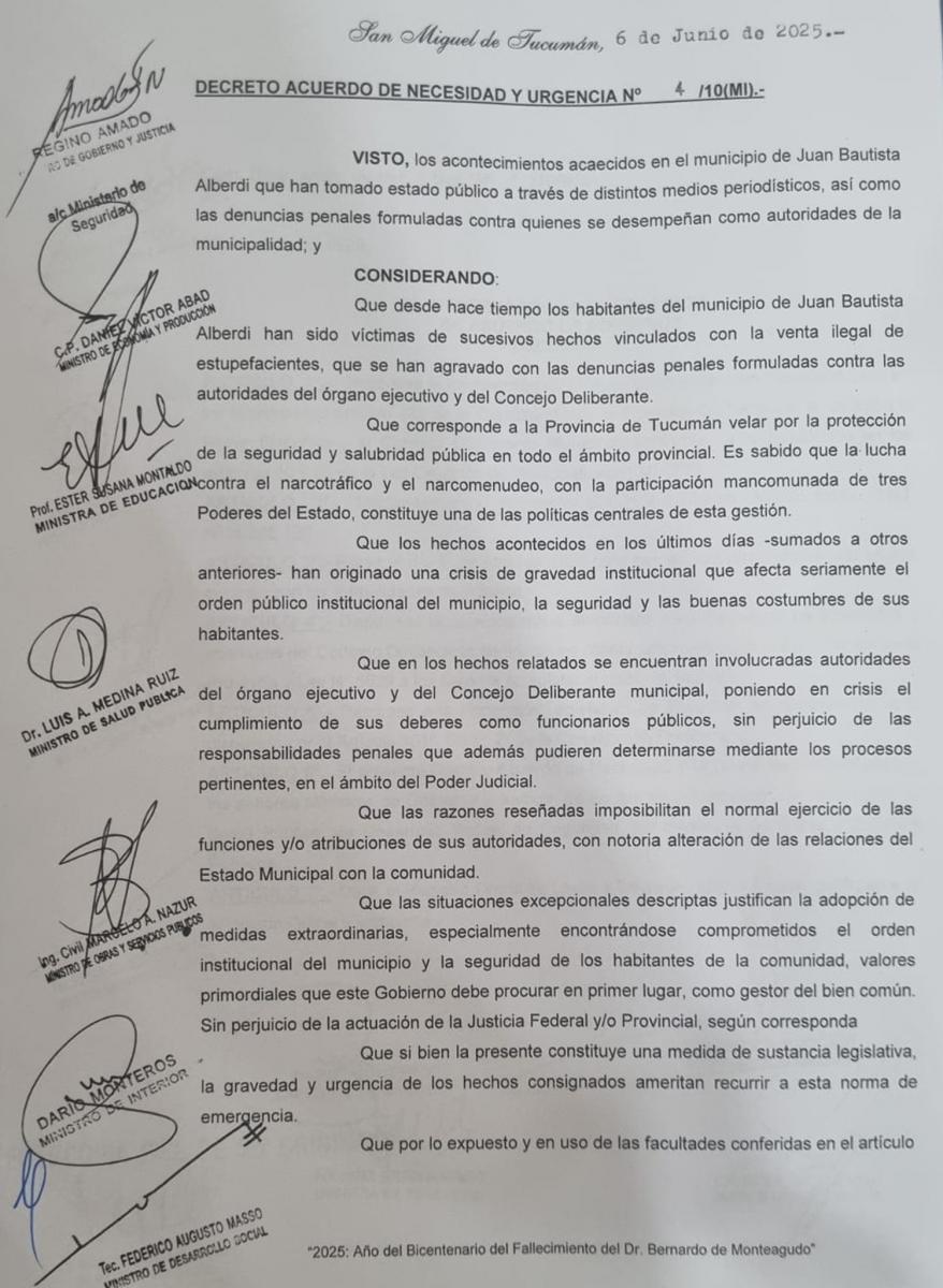 En el decreto, Jaldo justifica la intervención de Alberdi por el avance del narcotráfico