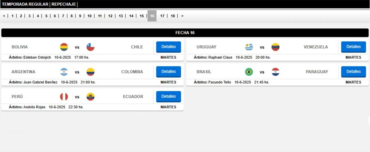 Programación de la fecha 16 de las Eliminatorias Sudamericanas