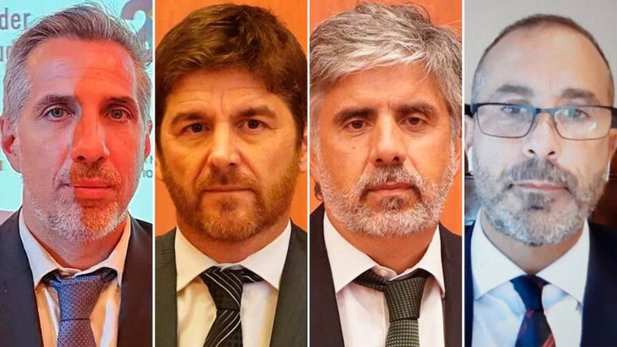 LOS PROTAGONISTAS. El fiscal Diego Luciani y los jueces Jorge Gorini, Rodrigo Giménez Uriburu y Andrés Basso, que intervinieron en la causa Vialidad, fueron designados por Cristina Kirchner.
