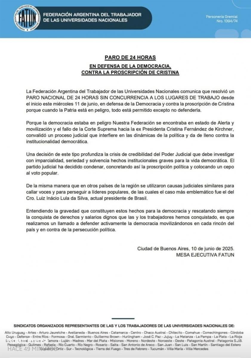 Protesta universitaria: no docentes iniciaron un paro contra la proscripción de Cristina y los docentes, por mejoras salariales