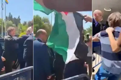 Tensión en Israel: un hombre la bandera de Palestina intentó agredir a Javier Milei