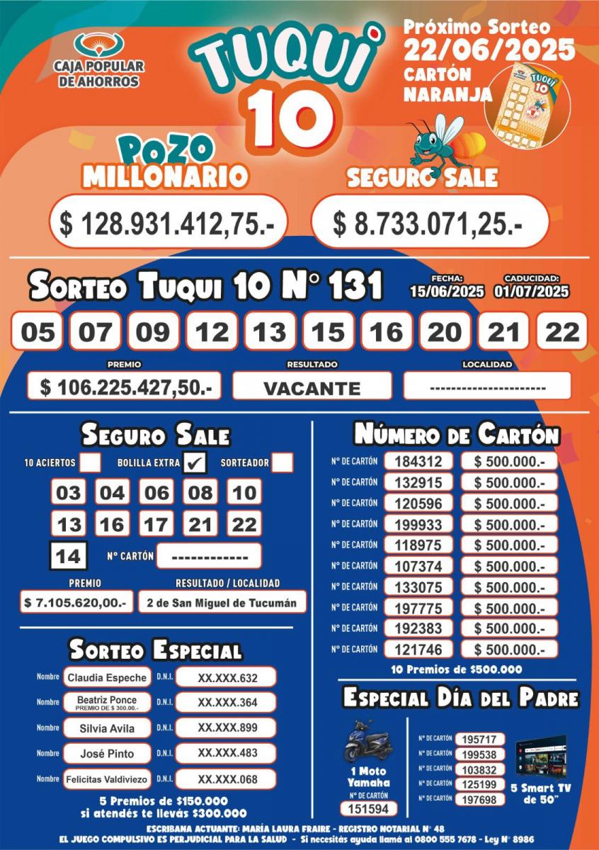 Tuqui 10: ¿cómo salió el sorteo del domingo 15 de junio?