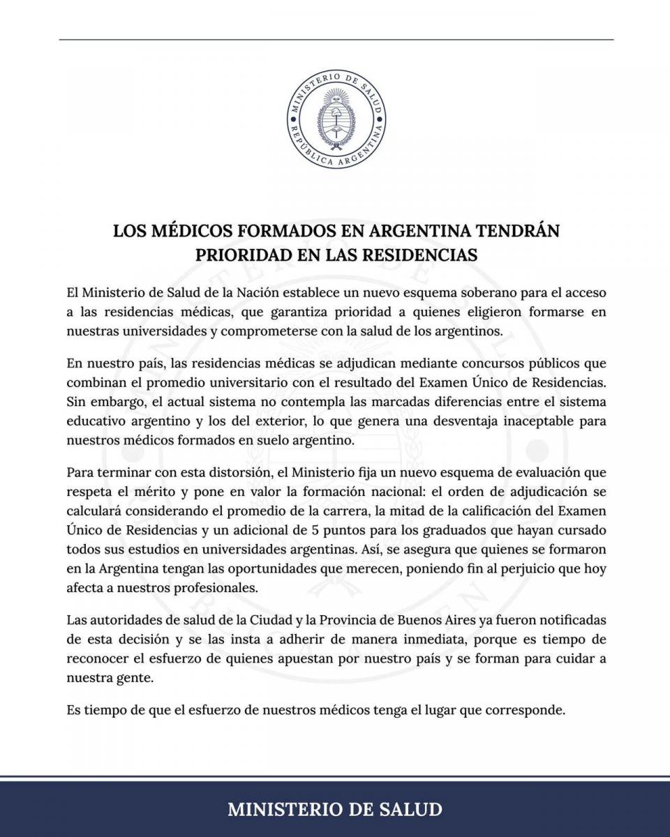 COMUNICADO OFICIAL. Los médicos formados en argentina tendrán prioridad en las residencias.