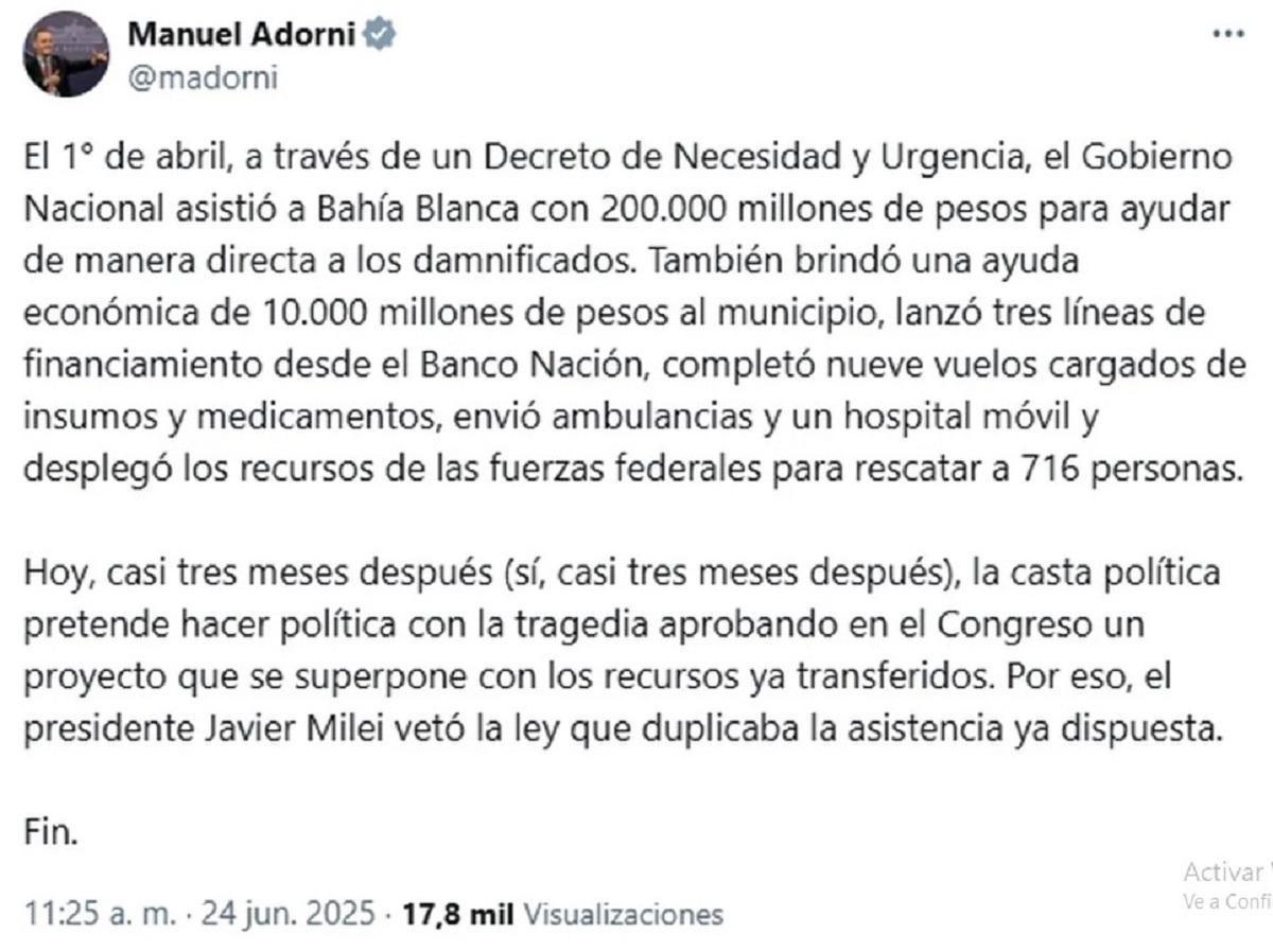 Adorni justificó el veto de la ayuda a Bahía Blanca: La casta pretende hacer política con la tragedia
