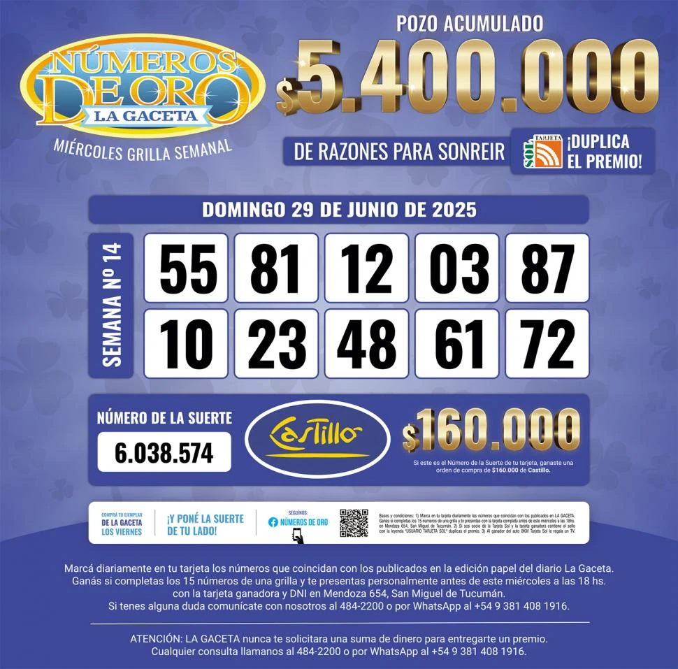 Los Números de Oro de LA GACETA del domingo 29 de junio de 2025