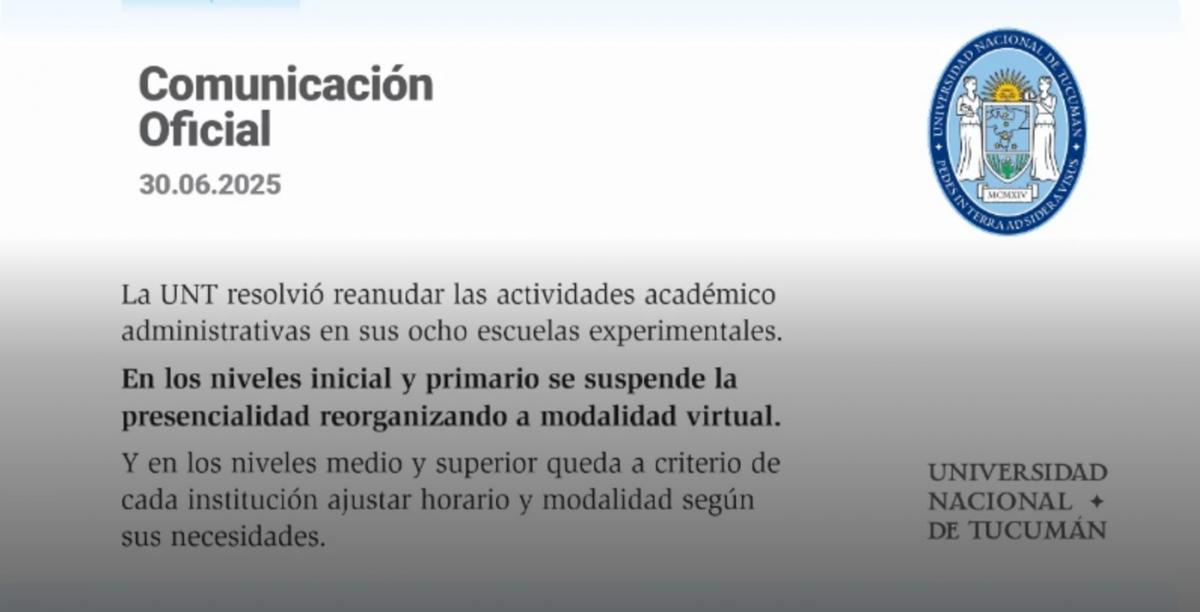 Las Escuelas Experimentales de la UNT reanudan este martes sus actividades académicas y administrativas