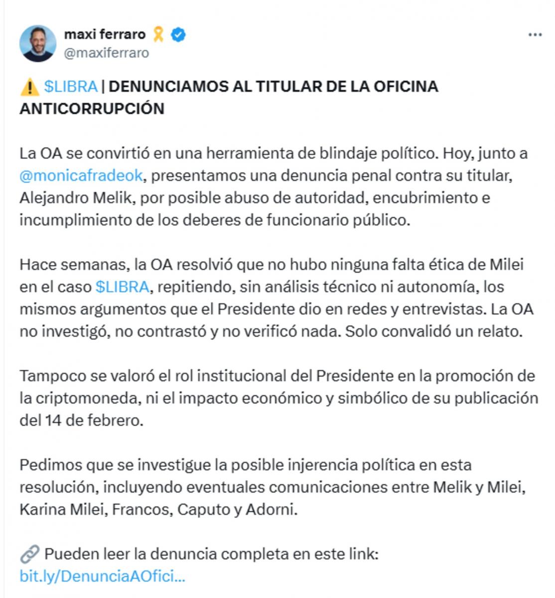 Criptomoneda $Libra: denunciaron al titular de la Oficina de Anticorrupción por exonerar a Milei