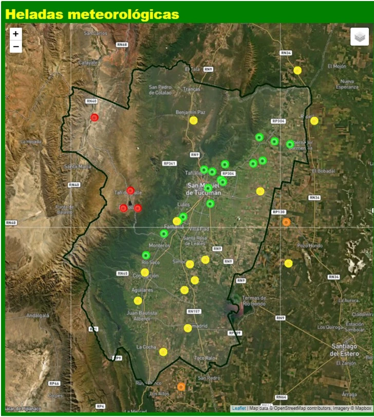 Los puntos verdes representan heladas suaves (entre 0 y -2°C), los amarillos, heladas moderadas (entre -2°C y -4°C), los naranja heladas severas (entre -4°C y -6°C) y los rojos muy severas (por debajo de -6°C). asdfasdf asdfasdfasdfasdf