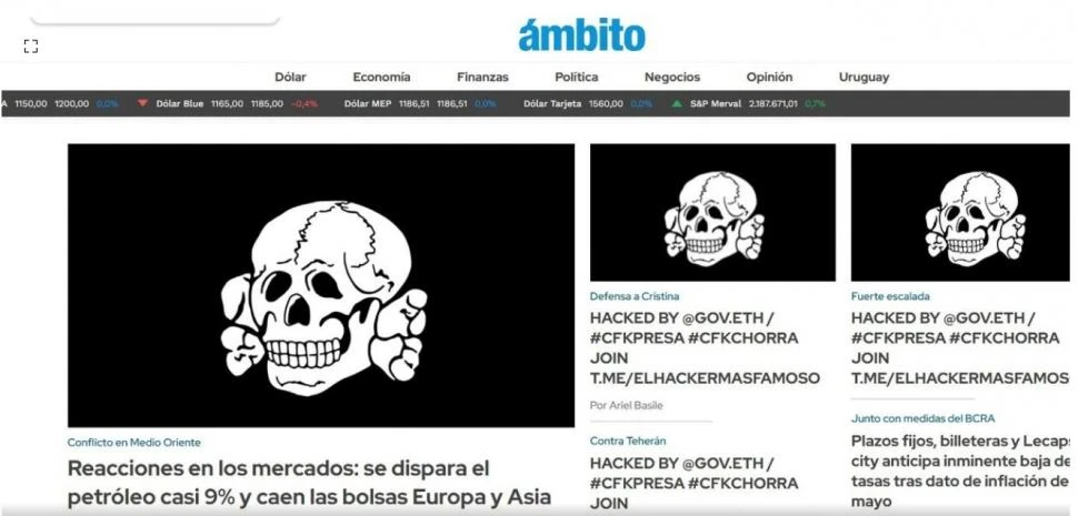 ASÍ SE VIO. El ataque a la web del diario económico “Ámbito Financiero” se dio el 13 de junio.