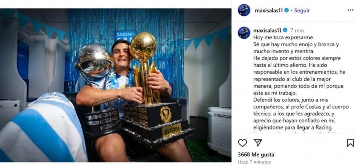 El fuerte descargo de Maximiliano Salas contra Milito y la dirigencia de Racing: Eso es absolutamente falso