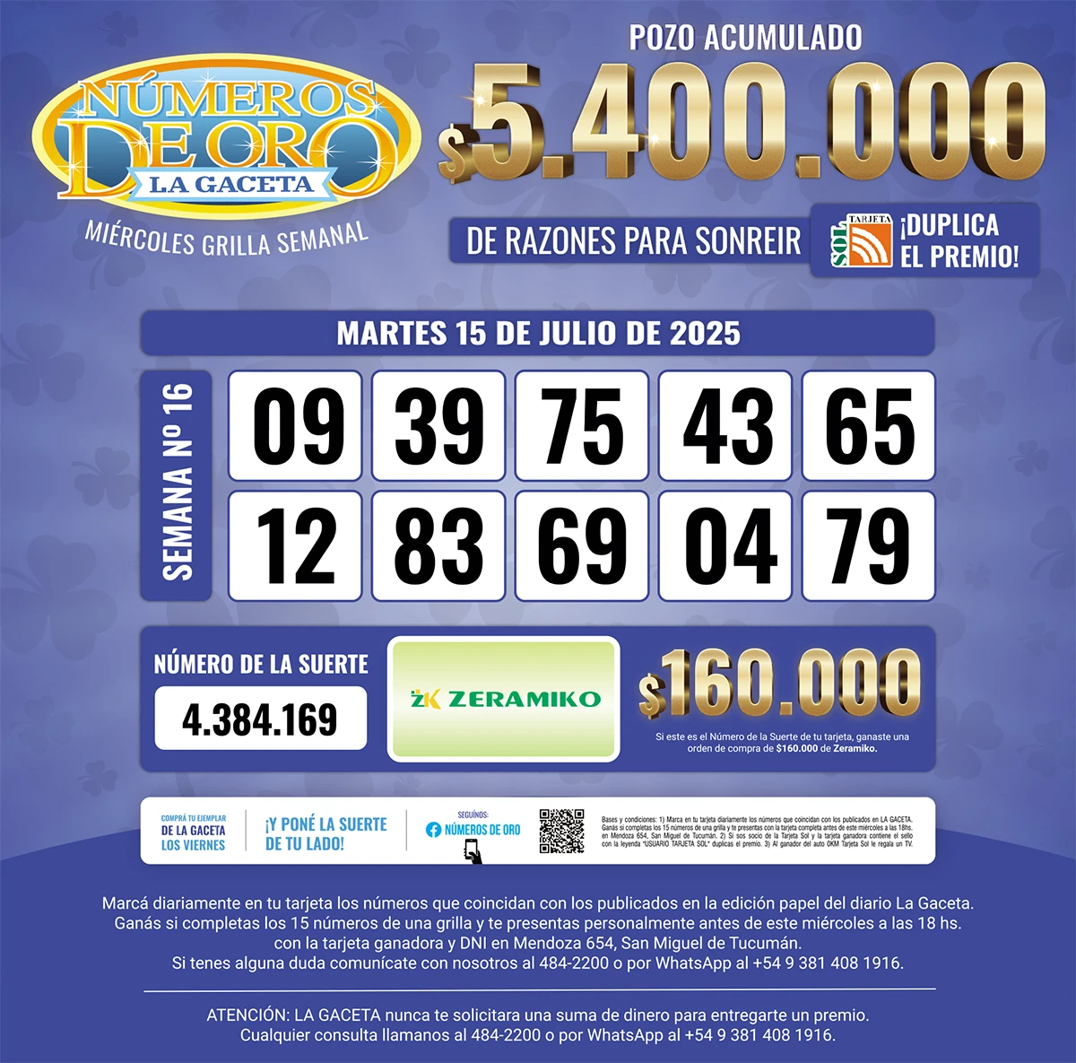 Los Números de Oro de LA GACETA del 15 de julio de 2025