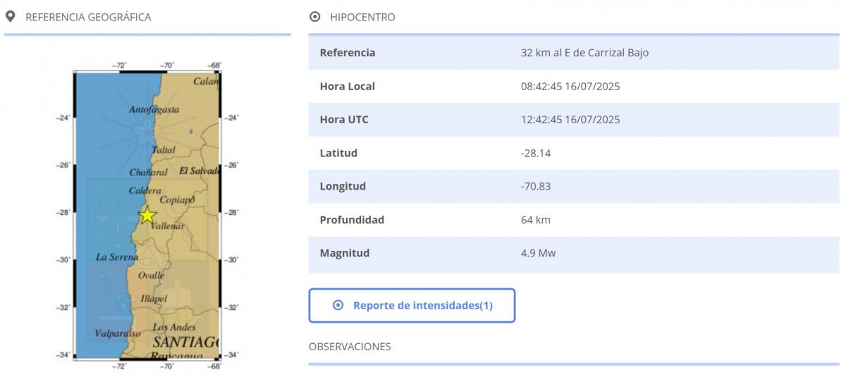 Fuerte sismo en Atacama: descartan riesgo de tsunami tras temblor de magnitud 4,9