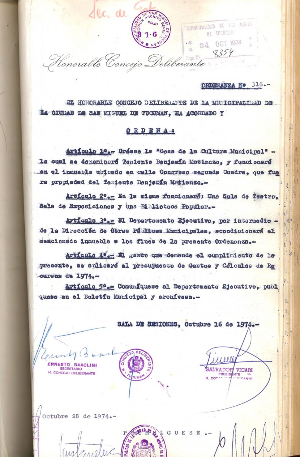 ORDENANZA DE 1974. Disponía la creación de una Casa de Cultura Municipal (gentileza del concejal Gustavo Cobos).