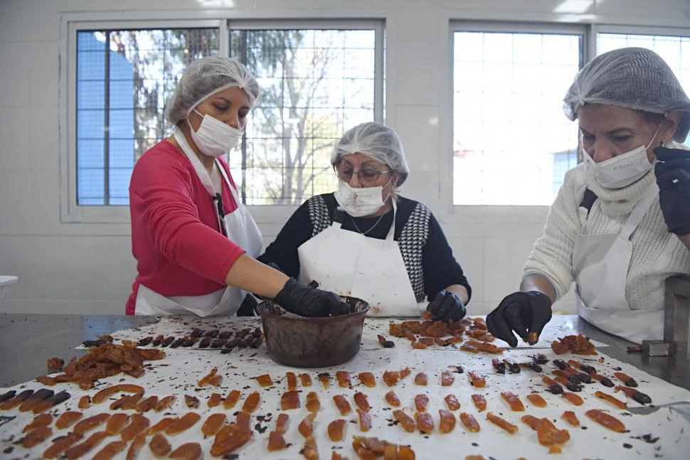 TOQUE EXTRA DE SABOR. Las mujeres bañan en chocolate las cáscaras confitadas; luego enfrían y empaquetan.