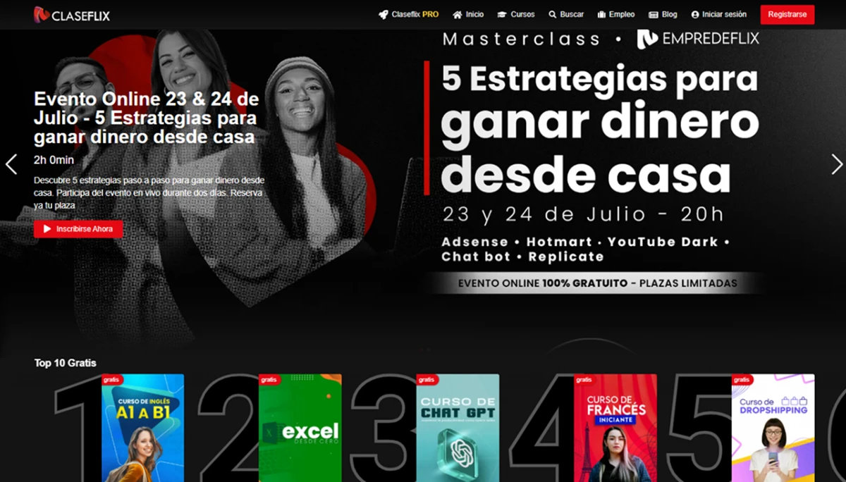 CURSOS, CERTIFICADOS Y TRABAJO. Claseflix es una web con cursos gratuitos y bolsa de trabajo. / CAPTURA DE PANTALLA