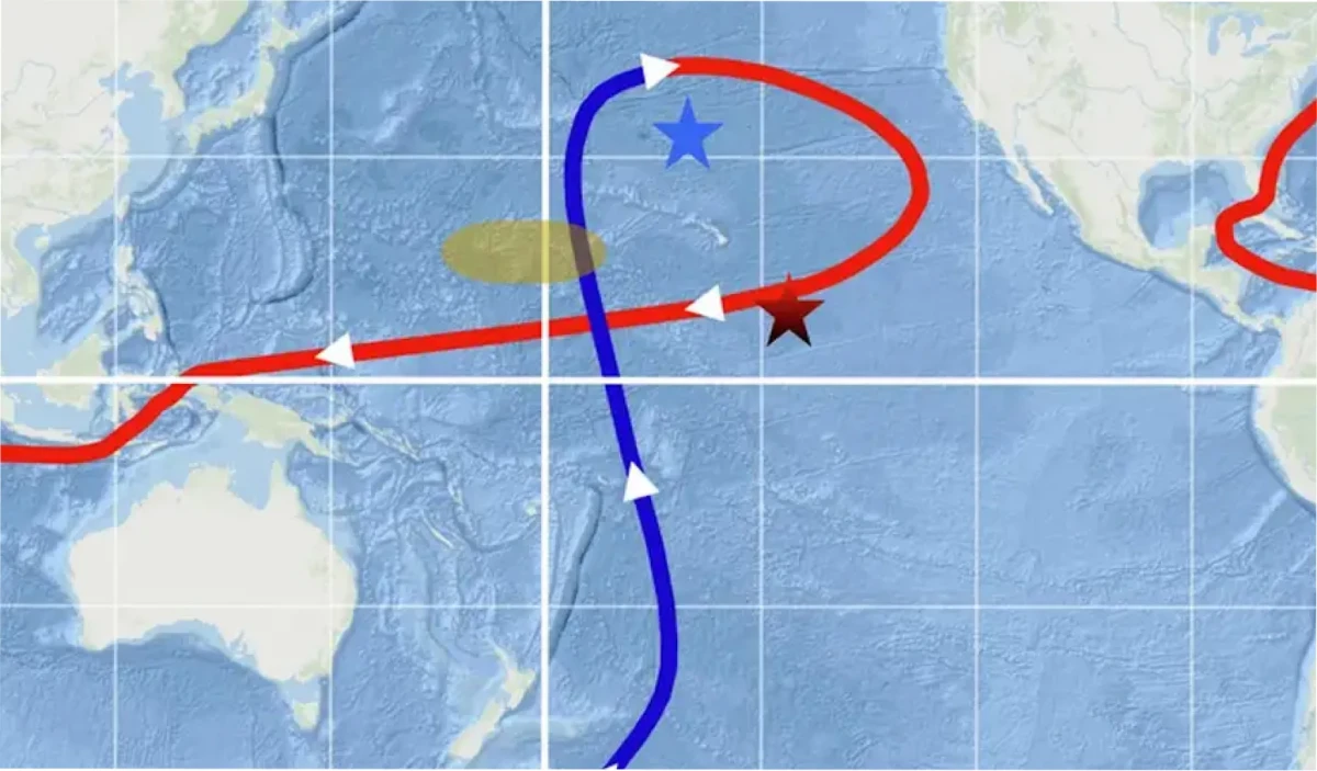 Ubicación de las tres muestras de costras de ferromanganeso estudiadas en el Pacífico, donde se muestran las principales corrientes oceánicas superficiales y profundas que influyen en la región.Imagen: Esri, GEBCO, Garmin, NaturalVue/ DW News