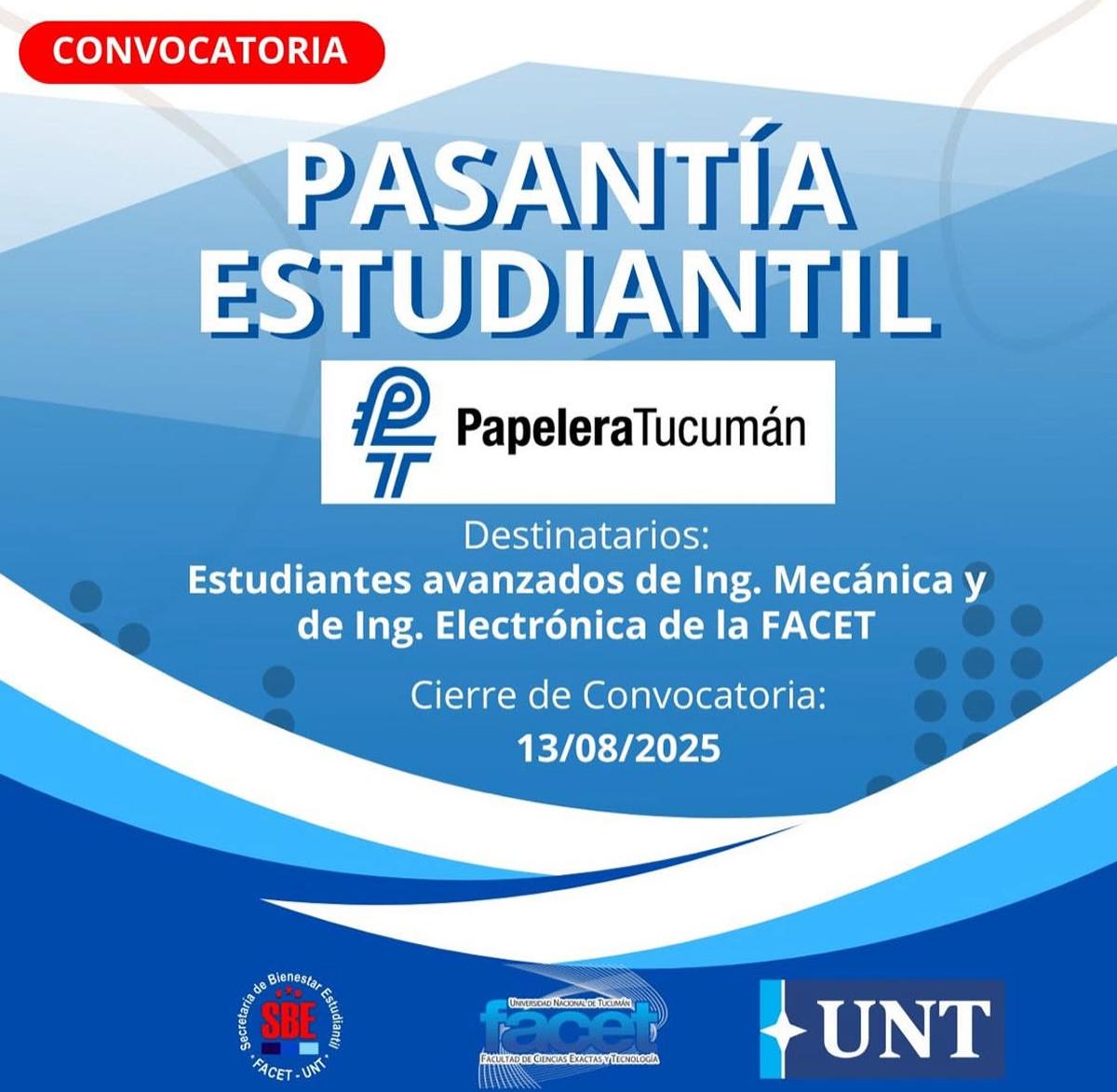 CONVOCATORIA. Papelera Tucumán busca estudiantes avanzados de ingeniería para sumarlos como pasantes en su planta de Lules.