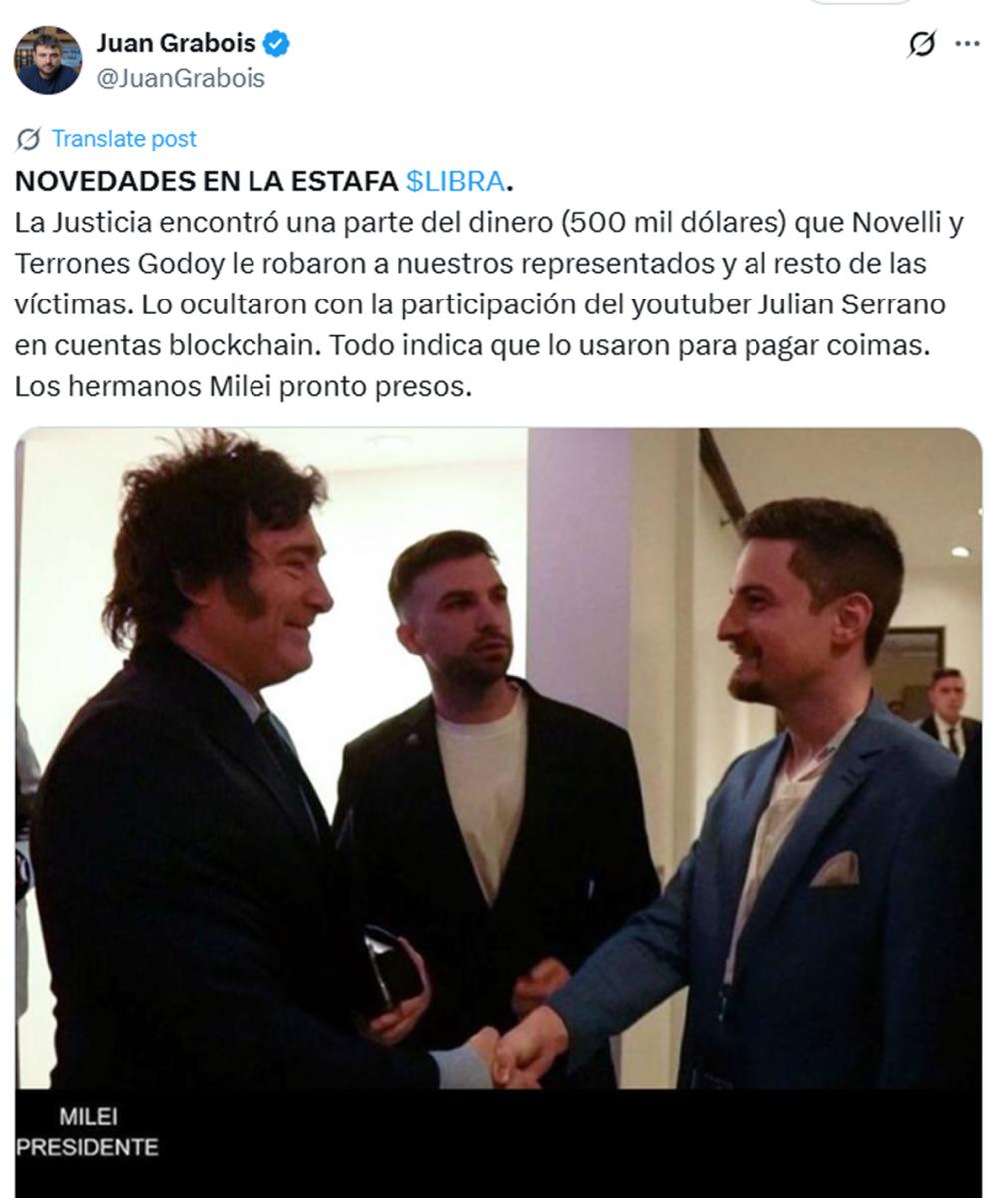Grabois acusó a Julián Serrano de cubrir el caso $Libra y guardar miles de dólares