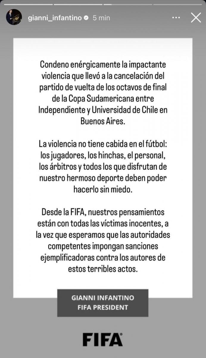 El fútbol debe vivirse sin miedo”: Infantino lanzó un fuerte comunicado tras la violencia en Avellaneda