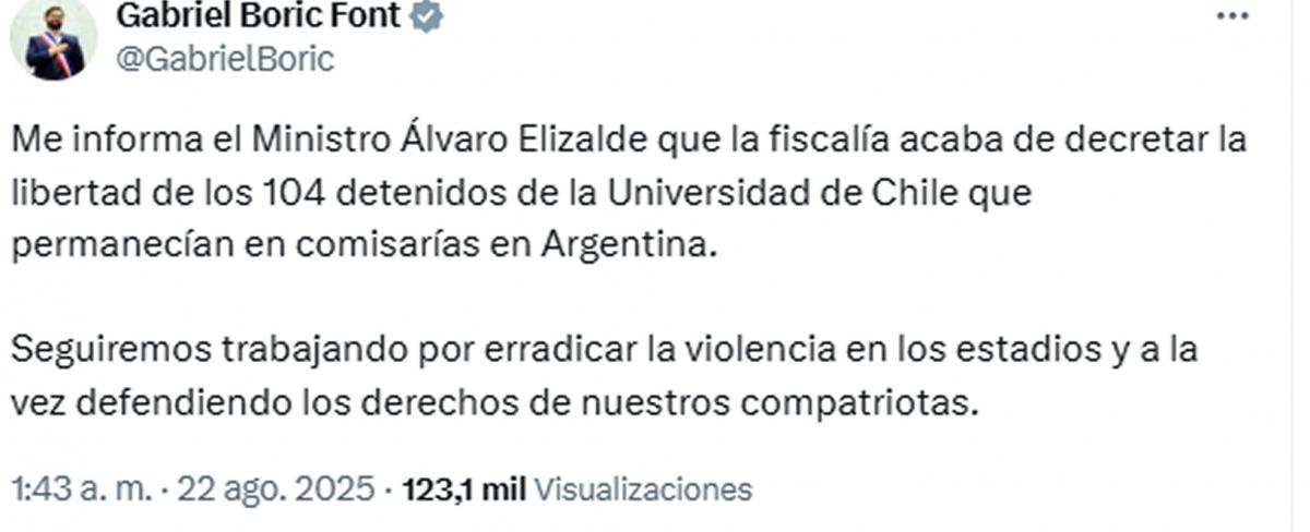 Gabriel Boric celebró la liberación de los hinchas de Universidad de Chile