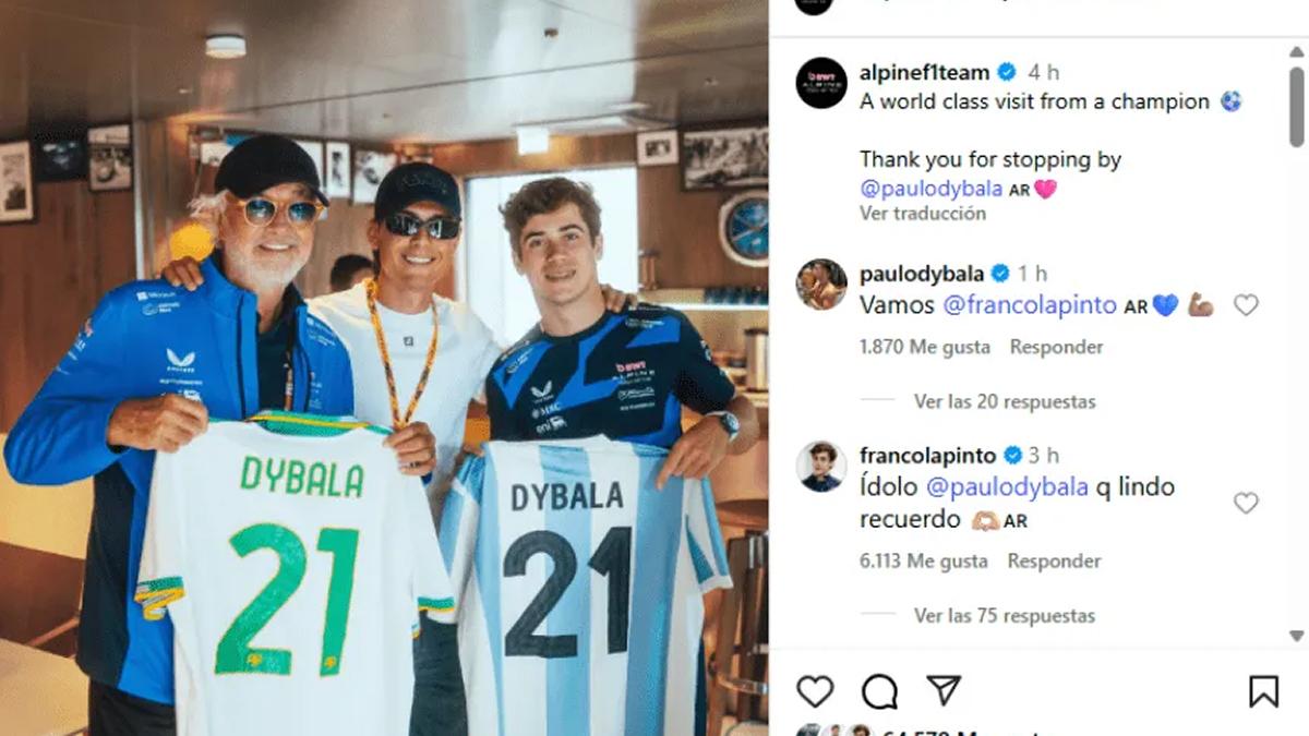 VISITA DE LUJO. La cuenta oficial de Alpine compartió la postal y Dybala dejó su mensaje en los comentarios.