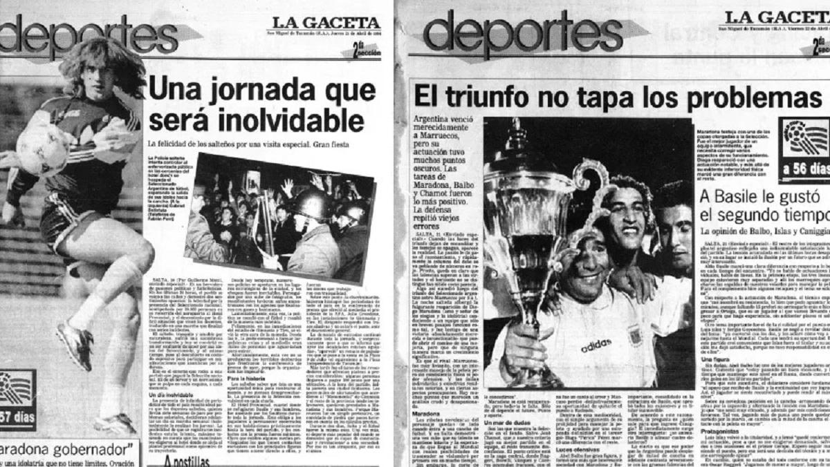 RECUERDO. Páginas de LA GACETA con Batistuta y Maradona feliz con el trofeo.