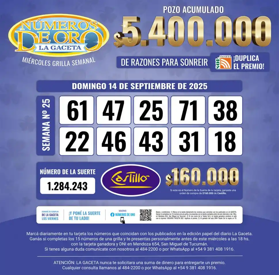 Los Números de Oro de LA GACETA del domingo 14 de septiembre de 2025