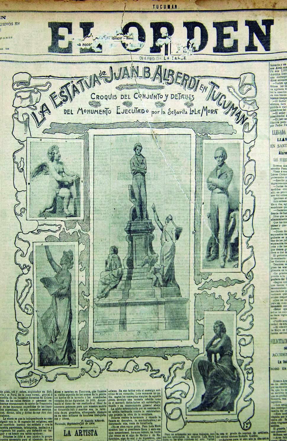 EL ORDEN. Dos días antes de la gran inauguración, el 23 de septiembre de 1904, la portada del diario publicaba la imagen del monumento ya descubierto.