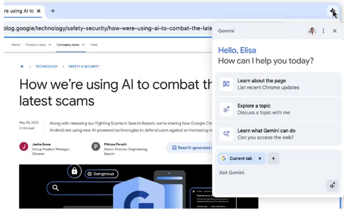 Google integra la inteligencia artificial de Gemini en su navegador Chrome