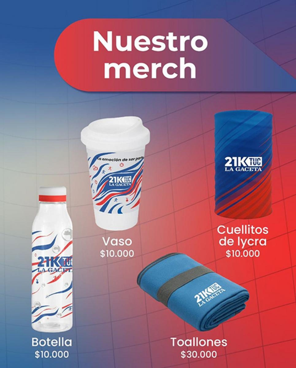 MERCH OFICIAL. Botellas, vasos, cuellitos y toallones con la identidad visual de la media maratón ya están disponibles para quienes quieran vestir la pasión de los 21K.